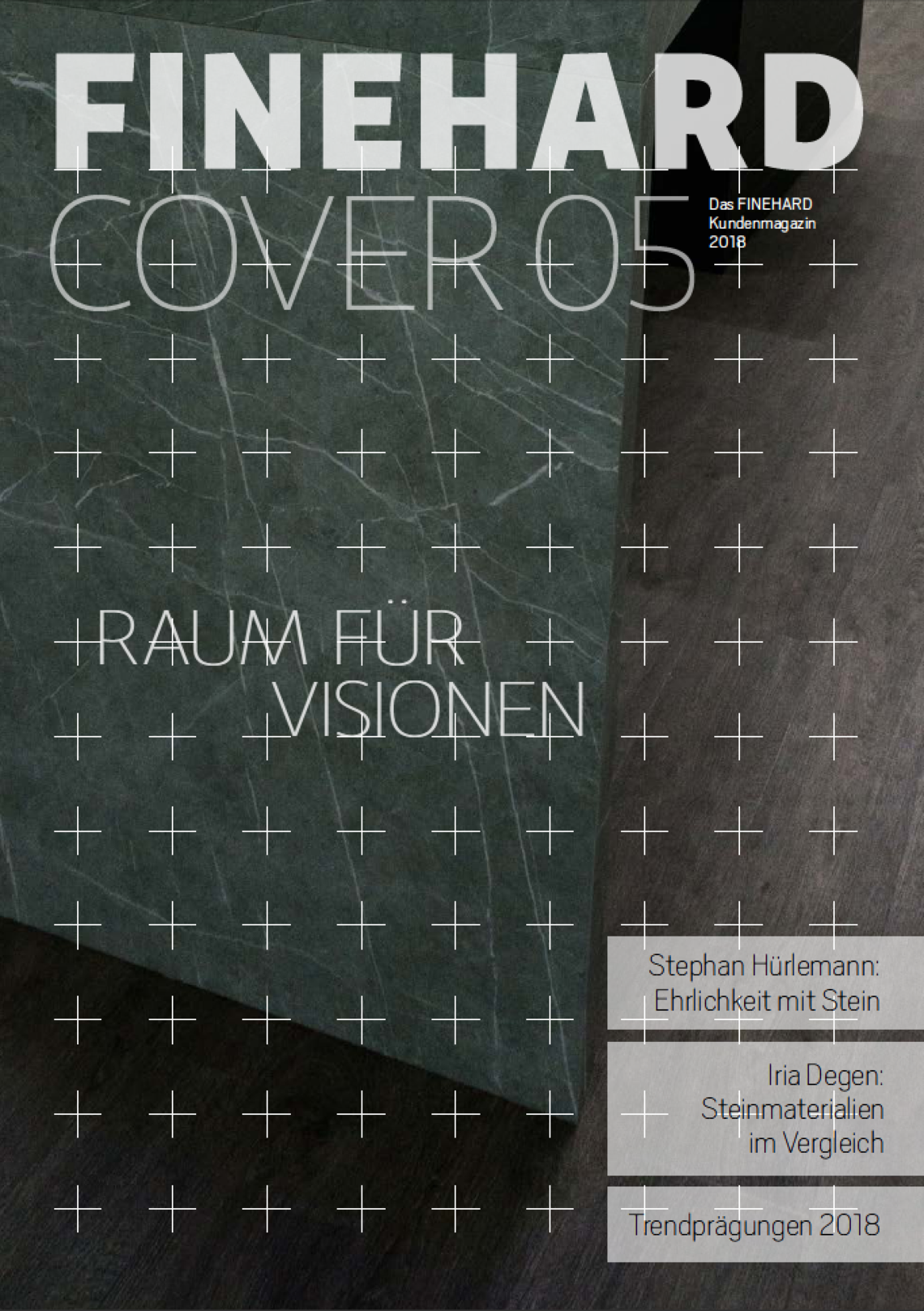 Magazin-Vorschau. FINEHARD Cover Nr. 5: Raum für Visionen. Empfangstisch aus grünen Marmorplatten. Eine von vielen FINEHARD Oberflächen.