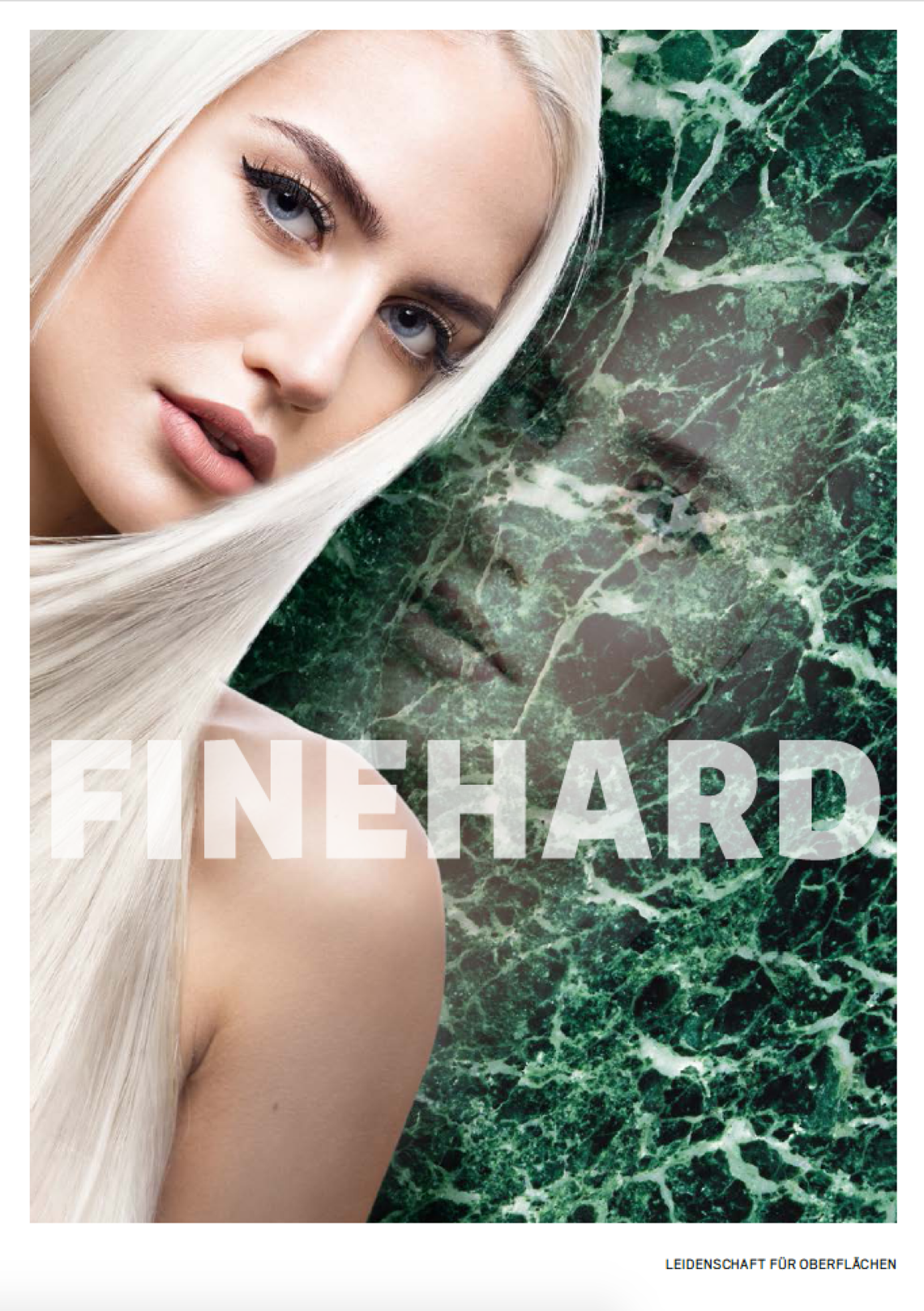 Titelbild der FINEHARD Hauptbroschüre. Grüne Marmorfläche mit Model.