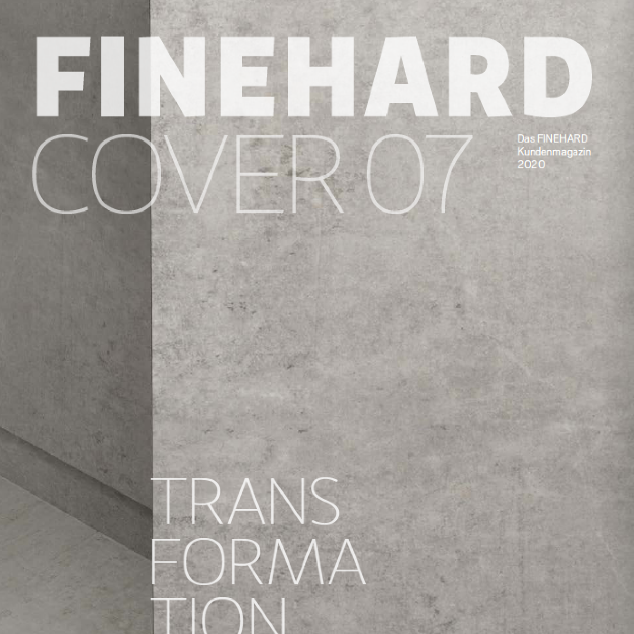 Magazin-Vorschau. FINEHARD Cover Nr. 7: Transformation. Möbelkante in Beton-Optik. Eine von vielen FINEHARD Oberflächen.