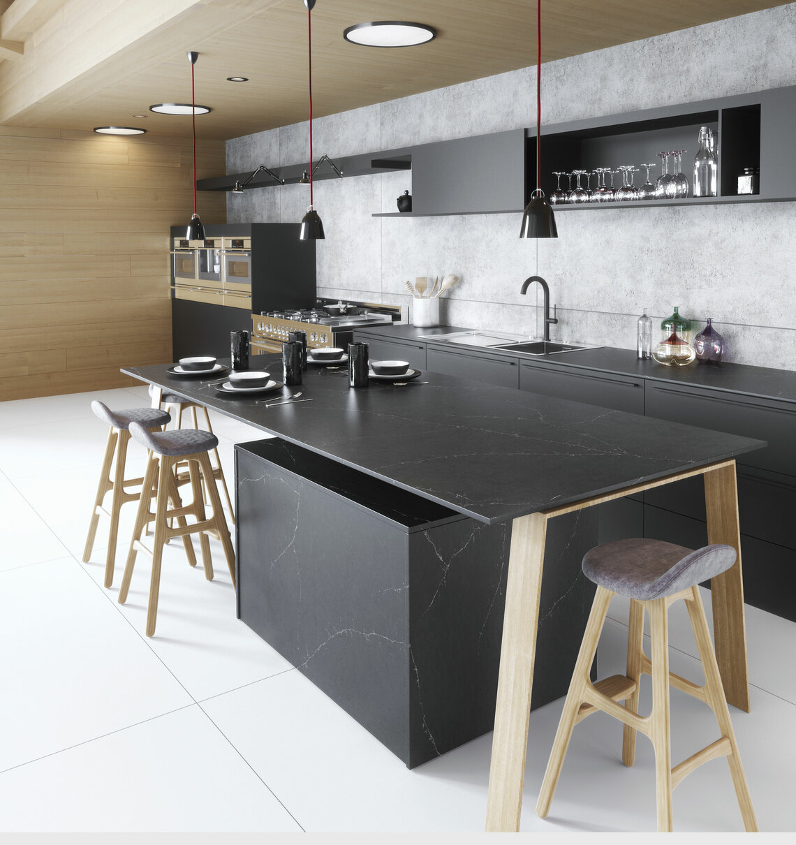 Silestone (Quarzoberfläche poliert). Küche in schwarz, polierte Oberfläche.